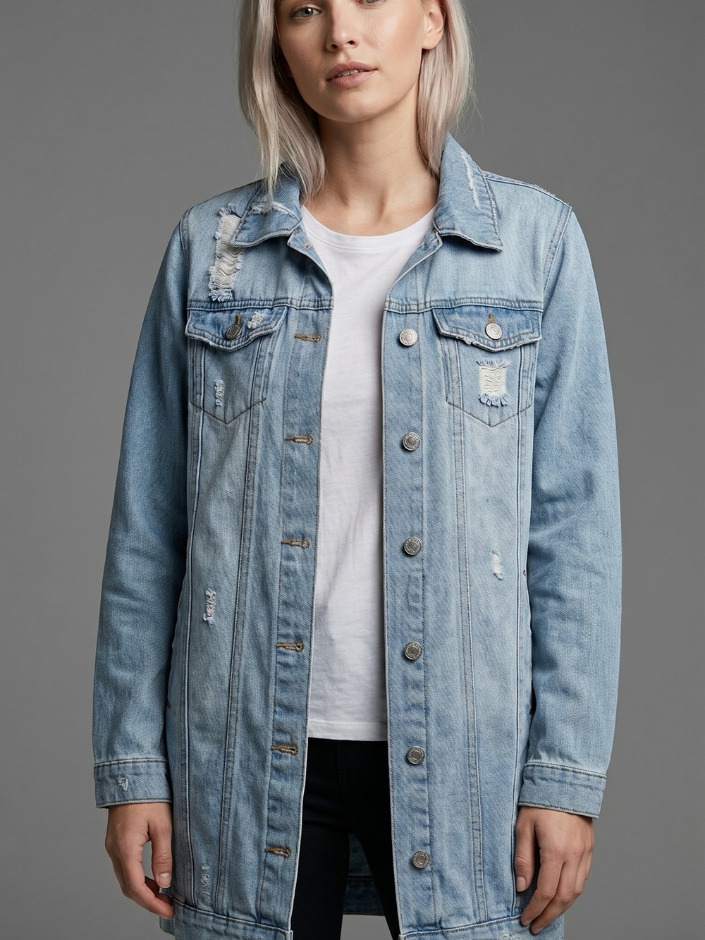 Light Blue Long Denim Jacket - Picture 2 of 3
